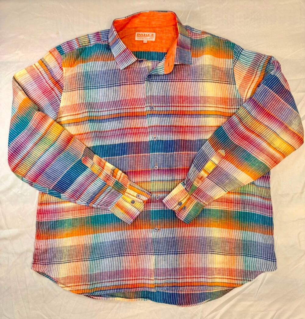 INSERCH Mens 3XL 100% Linen Shirt Multicolor Plaid Long Sleeve Button Down